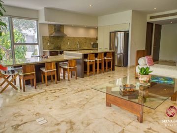 Departamento con plunge pool, terraza vista verde, venta Ikal Living Playacar