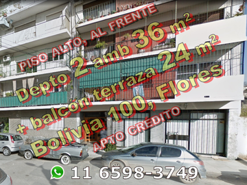 Departamento en Venta en Flores 2 ambientes 36 m2 + 24 m2 de balcón terraza en piso alto, al frente - Bolivia 100