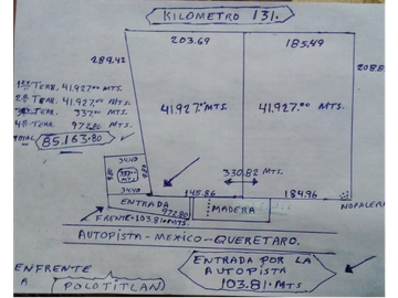 POLOTITLAN ESTADO DE MEXICO, ACCESO A LA AUTOPISTA MEX-QTO 85,163 M2