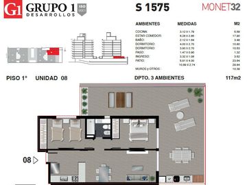 Venta. Departamento 3 ambientes, 2 dormitorios. 117 m2 -  Monet 32. Sarmiento 1500