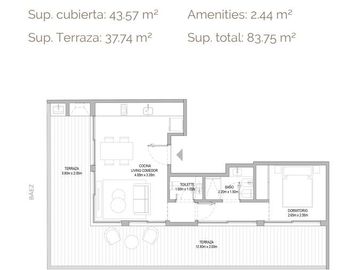 Departamento en  Venta 2 ambientes con Terraza de 37 m2 en  suite y toilette    Cañitas