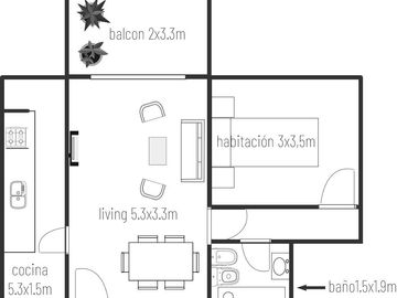 Departamento de 2 ambientes de 53,73 m2. Piso alto, Balcón. Cochera fija. Apto profesional. Flores