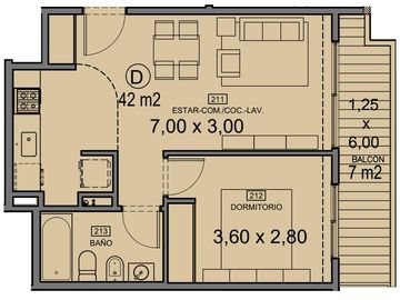 2 ambientes con balcón corrido, baño completo y cocina completa - amenities