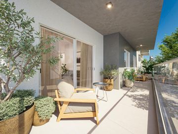 3 ambientes con balcón terraza con parrilla, dos dormitorios, dos baños y cocina completa - amenities