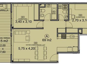 3 ambientes con balcón terraza con parrilla, dos dormitorios, dos baños y cocina completa - amenities