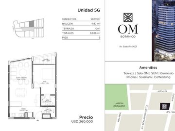 Departamento en venta 2 ambientes al contrafrente - OM Botánico, Palermo
