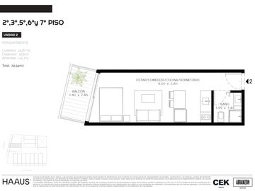 Studio de 28.6 m2 totales en  Palermo Soho.