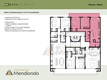 Depto 3 amb de 93m2 al contrafrente con gran Balcón - Zona Güemes Aldrey