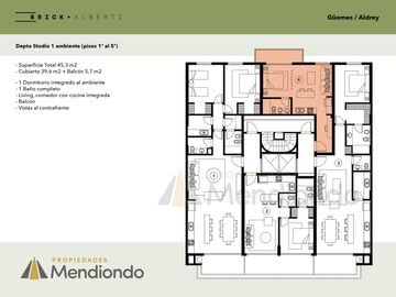 Depto tipo Studio de 45m2 - Monoambiente con Balcón Zona Güemes Aldrey
