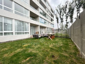 Espectacular departamento con jardín en exclusivo condominio en El Sauce Huechuraba