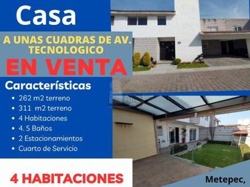 Casa en venta, 4 habitaciones amplias, muy cerca de Av. Tecnológico en Metepec Edo de México.