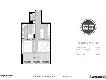 Piso 9 - Departamento 2 Ambientes en Quartier del Bajo