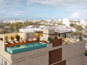 Departamento AMUEBLADO en Venta en Playa del Carmen. Estudio Mezzanine, Rooftop con vista al mar!