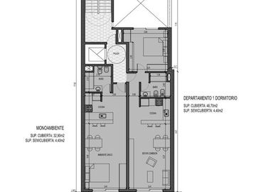 Departamento 1 Dormitorio de 46,7 m²   4,4 m² de Balcón en Santa Fe 3960, Rosario