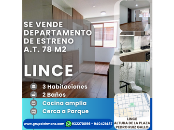 Se vende departamento Lince estreno 4to piso 78 m2