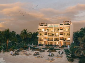 Departamento de 1 recámara frente al mar en Mahahual con terraza, jacuzzi y acceso a la playa