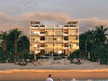Departamento de 1 recámara frente al mar en Mahahual con terraza, jacuzzi y acceso a la playa