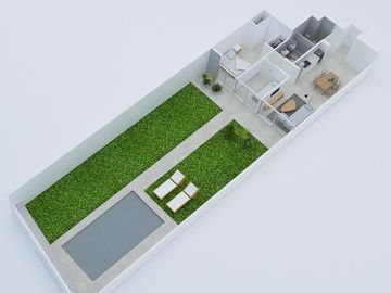 Depto 3 amb con jardín, pileta y parrilla en pozo