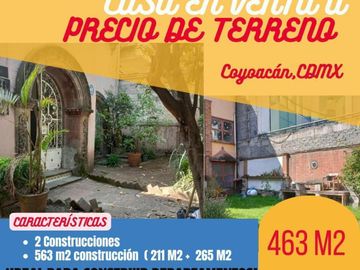 Casa en Venta o  en APORTACION  a precio de  TERRENO,  Barrio del Niño Jesús Coyoacán.