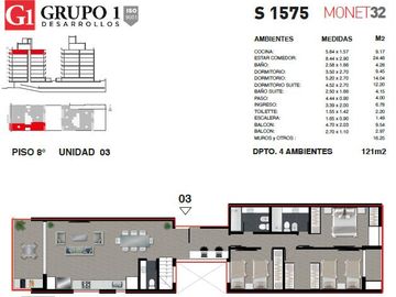 Venta. Departamento 4 ambientes, 3 dormitorios. 121m2 - Monet 32. Sarmiento 1500