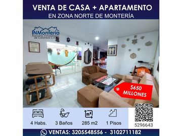 VENTA DE CASA + APARTAMENTO EN ZONA NORTE DE  MONTERA
