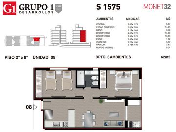 Venta. Departamento 2 ambientes, 1 dormitorio. Monet 32. Sarmiento 1500