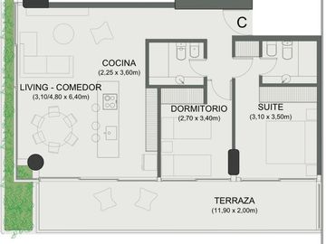 Departamento de dos dormitorios con cochera y amenities