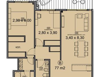 3 ambientes al frente con gran balcón terraza, master suite y baño completo