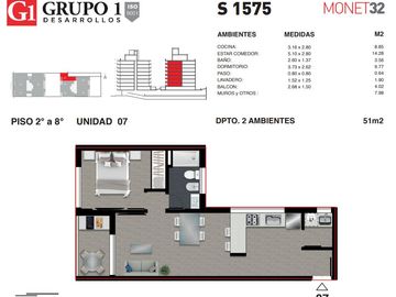 Venta. Departamento 2 ambientes, 1 dormitorio. Monet 32. Sarmiento 1500
