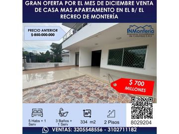 OFERTA DE DICIEMBRE VENTA DE CASA MAS APARTAMENTO EL B/ EL RECREO