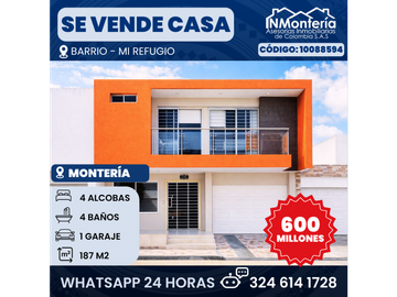 SE VENDE CASA DE DOS NIVELES EN BARRIO MI REFUGIO DE MONTERIA