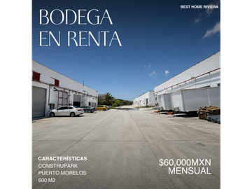 Bodega de 600 m2 en renta en Construpark, Pto. Morelos