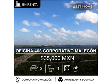 Oficina 408 en renta de 55 m2 en corporativo Malecón, Cancún