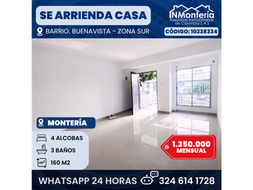 SE ARRIENDA CASA EN BARRIO BUENAVISTA - ZONA SUR DE MONTERIA