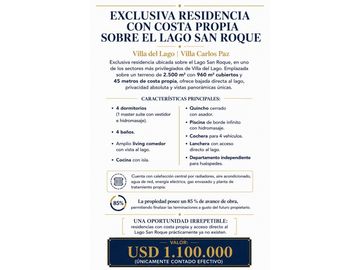Residencia Premium Frente al Lago | 5 Dormitorios | Costa Privada