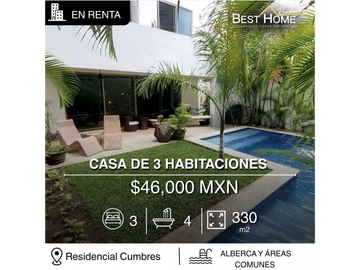 Casa en renta de 330 m2 en Cumbres, Cancún
