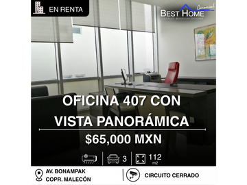 Oficina 407 en renta de 112 m2 en Copr. Malecón, Cancún