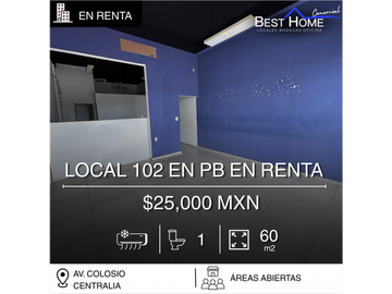 Se renta local 102 de 60 m2 en Centralia, Cancún