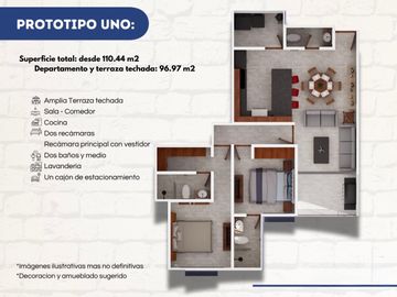 Departamento prototipo uno, 96.97 M2, 2 recamaras, 2.5 baños y terraza