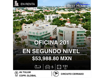 Oficina en renta de 131.68 m2 en corporativo Global, Cancún, Bonampak