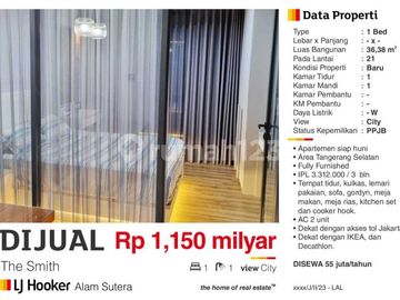 Dijual Disewa Apartment 1 Bed Room, Baru Bagus, The Smith Alam Sutera Lal