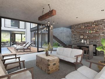 Casa de dos niveles con piscina privada, terraza, patio, bar, bodega.