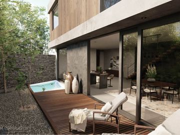 Casa de dos niveles con piscina privada, terraza, patio, bar, bodega.