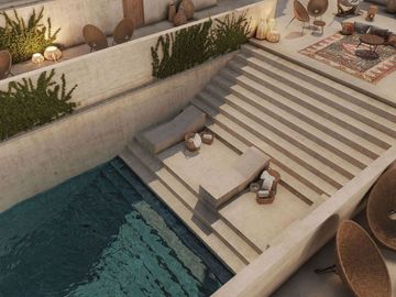 Condo de doble altura, alberca privada y patio de 40 m2, en dos niveles, galeria