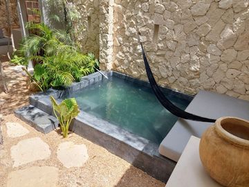 Condo de doble altura, alberca privada y patio de 40 m2, en dos niveles, galeria
