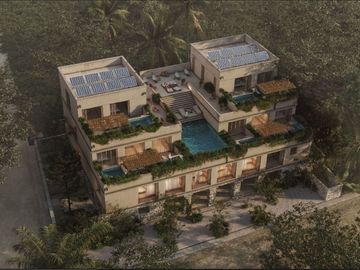 Condo de doble altura, alberca privada y patio de 40 m2, en dos niveles, galeria
