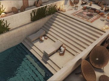 Condo de doble altura, alberca privada y patio de 40 m2, en dos niveles, galeria