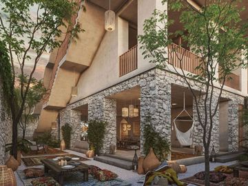Condo de doble altura, alberca privada y patio de 40 m2, en dos niveles, galeria