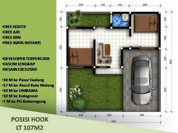 Rumah Pakisaji 10 Menit ke Unikama 2KT Tipe 25/107 Hook