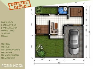 Posisi Hook Rumah Dekat Kota Bebas Banjir 2KT Tipe 25/107